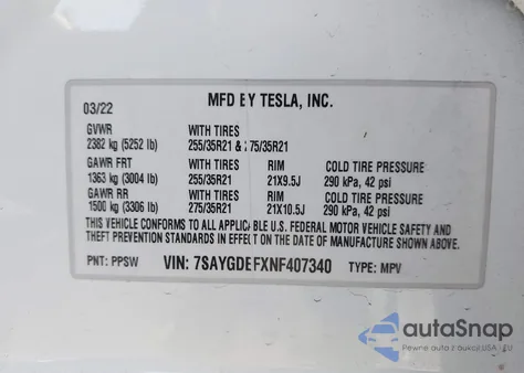 2022 Tesla Model Y z USA, uszkodzony, nr VIN 7SAYGDEFXNF407340